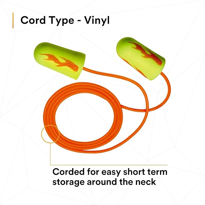3M Ear Plugs, Pack of 200, E-A-Rsoft Yellow Neon Blasts 311-1252, Corded, Disposable, Foam, NRR 33, Drilling, Grinding, Machining, Sawing, Sanding, Welding, 1/Poly Bag