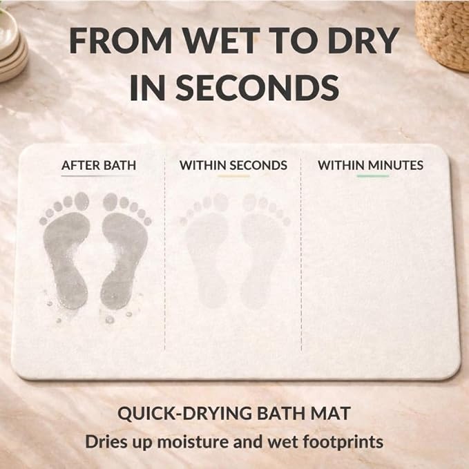 Stone Bath Mat – Diatomaceous Earth Quick Drying Non-Slip Bathroom Mat – Absorbent Diatomite Shower Mat, Durable & Easy to Clean, Modern, 23.6" x 15.3", (White - Linea)