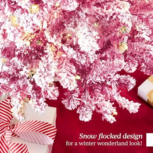 Best Choice Products Artificial Flocked Christmas Tree, 6ft Premium Pre-Lit Colorful Pine Holiday Décor w/250 Twinkle Lights, Metal Base - Pink
