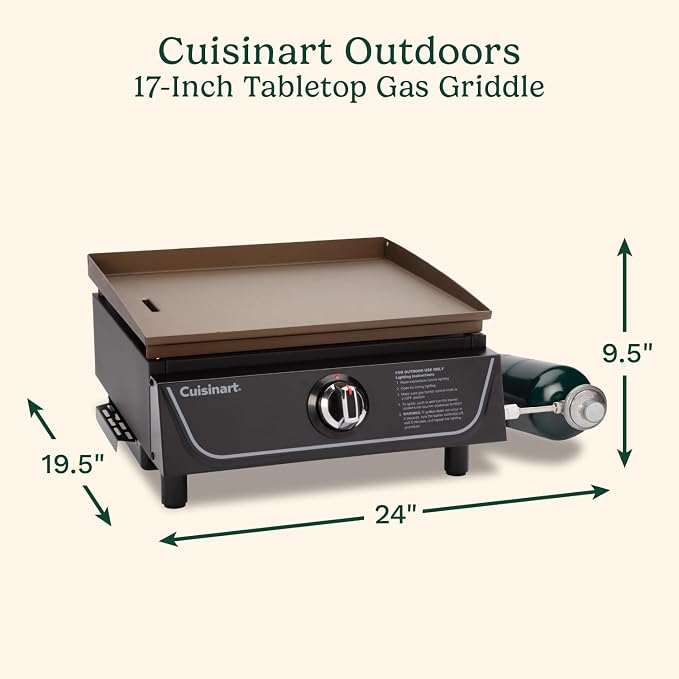 Cuisinart 17” Tabletop Gas Griddle, Easy Assembly Compact Outdoor Flat-Top Grill with Grease Cup, 255 Sq. In Cooking Space Perfect for Camping, Tailgates & BBQs
