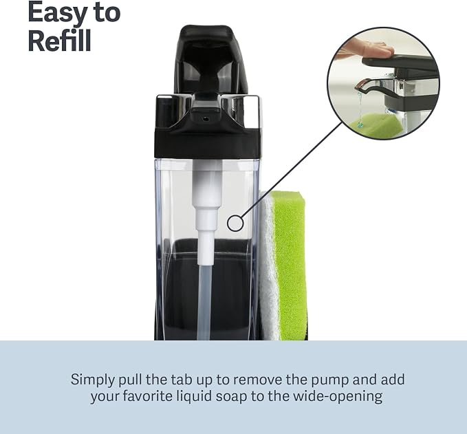 Casabella Sink Sider Solo Kitchen Soap Pump and Sponge Caddy, Black/Chrome - 2-in-1 Soap and Sponge Caddy, One-Hand Soap Dispensing, Easy to Refill and Clean, Efficient Size (Pack of 6)