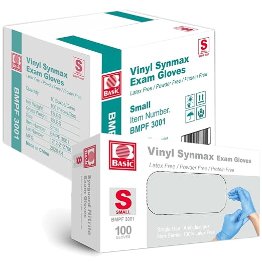 INTCO Basic Medical Synmax Vinyl Exam Gloves,Disposable Gloves - Latex-Free & Powder-Free for Medical,Cleaning,Food Safe - Small, BMPF-3001(Case of 1000,Blue)