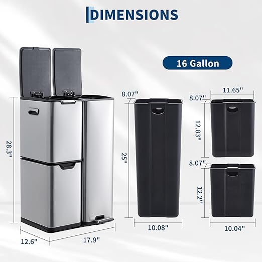 16 Gal Recycle Bins for Kitchen, Triple Compartment Garbage Can with Lid, Stainless Steel Trash and Recycling Bin Combo with Inner Bucket & Foldable Foot Pedal for Home Office, Silver