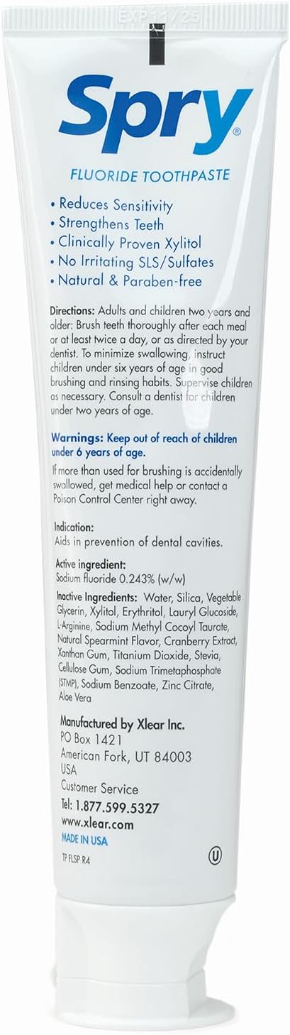 Spry Xylitol Toothpaste with Fluoride, Natural Spearmint, Anti-Cavity, 5 oz (3 Pack) | Gentle for Sensitive Teeth Whitening and Remineralizing, Bad Breath Freshening, Dry Mouth Moisturizing, for Adults and Kids