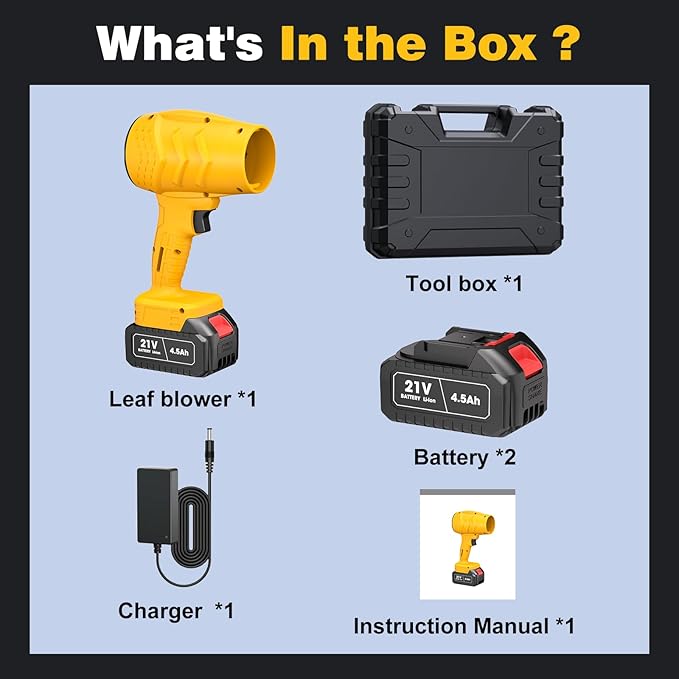 Electric Mini Leaf Blower, Powered Handheld Blower Leaf, Adjustable Wind Speed Cordless 21V Battery Blower with 2 Rechargeable Batteries and Charger, Toolbox, for Yard Leaf & Snow Removal(Yellow)