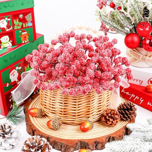 Fangoo 20 Pack 7 Inch Sprays Snow Red Berry Picks for Christmas Tree