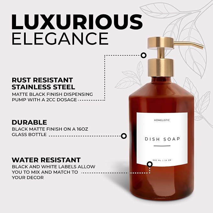 Homelistic Amber Glass Soap Dispenser Set with Champagne Gold Pump – 16oz Refillable Kitchen & Bathroom Soap Dispensers (2 Pack) Rust-Resistant Stainless Steel Pumps, 48 Labels