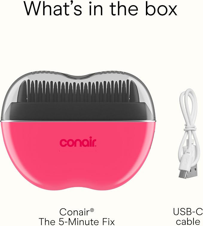 Conair Ceramic Ionic Smoothing Brush, Portable Frizz Control Styling Brush for Shine, 2 Heat Settings up to 360°F, USB-C Rechargeable, Travel-Friendly with Protective Cover, Hot Pink/Black, CR80
