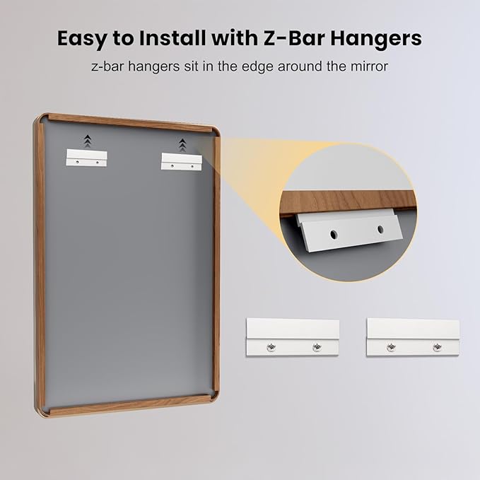 LOAAO 32X36 Inch Bathroom Mirror with Wood Grain Colored Metal Frame, Rounded Rectangle Metal Framed Bathroom Mirror, Anti-Rust, Hangs Horizontally or Vertically, Tempered Glass
