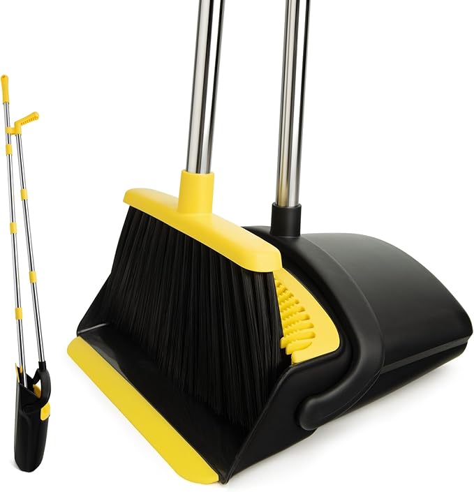 Broom and Dustpan Set, Long Handle Lightweight Dustpans with Broom Combo for Home, Indoor&Outdoor Sweeping for Home Room Kitchen Office Lobby (Black Yellow)