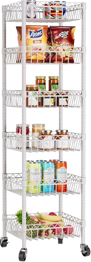Golpart 6 Shelves Storage Shelf Wire Closet Bathroom Organizers Metal Pantry Kitchen Garage Shelving Unit Laundry Room Organization Home Rack Net Basket White with Wheels 14" Dx14 Wx64.8 H
