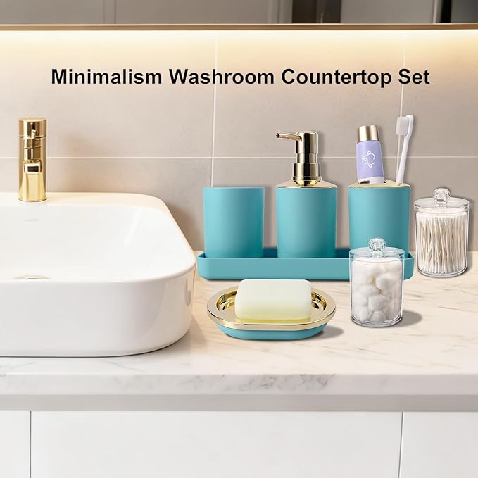 25 Pieces Bathroom Set Teal and Gold Bathroom Accessories Set, Shower Curtain and Rugs, Trash Can, Toilet Brush, Soap Dispenser, Soap Dish, Toothbrush Holder, Tumbler, Tray, Qtip Holder