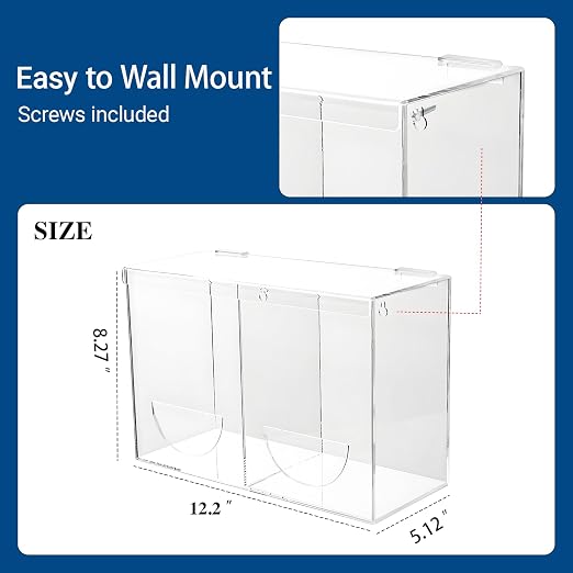 Glove Dispenser Wall Mounted Medical Glove Holder with 2 Compartment Clear Acrylic Hygiene Dispenser for Hair Nets, Shoe Covers, Beard Nets - Sanitation Station Storage Organizer