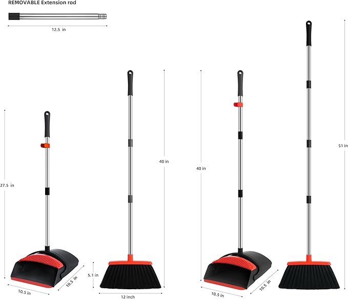 BSKLIN Broom and Dustpan Set for Home, 52" Long Handle Standing Broom Set with Dustpan Self-Cleaning Teeth for Hair Removal Heavy Duty Indoor Outdoor Sweeping Kit for Kitchen Garage (Black)