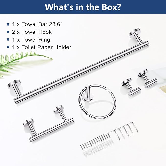 TQKAG Polished Chrome 5 Piece Bathroom Hardware Accessories Set 23.6" SUS304 Stainless Steel Bathroom Towel Bar Holder Sets Double Post Pivoting Toilet Paper Holder Set Wall Mounted
