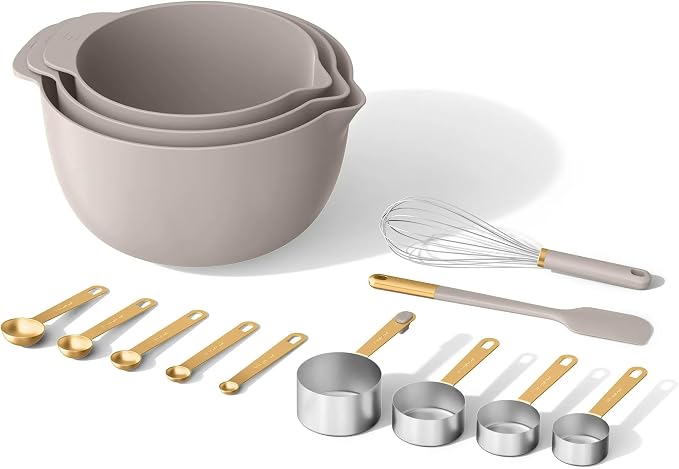 14 Piece Mixing Bowl and Measuring Set, Nesting Kitchen Prep Set with Measuring Cups Spoons Whisk Spatula, BPA Free Dishwasher Safe Baking Set (Porcini Taupe)