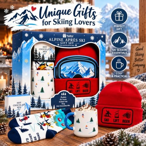 Topline Cozy Skiing Gift Set for Men – Ski Red Knitted Beanie Hat, Ceramic Mug, Cozy Socks & 20g Double Hot Chocolate Mix – Christmas Stocking Fillres, Birthday Gifts for Men, Winter Gifts for Women