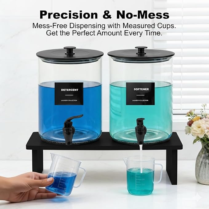 Glass Laundry Detergent Dispenser for Laundry Room Organization-2 Black | 1 Gallon Large Liquid Soap Dispenser with Black Metal Lid & Leak-Proof Spigot, 2 Measured Cups, 2 Silicone Mats & 9 Labels