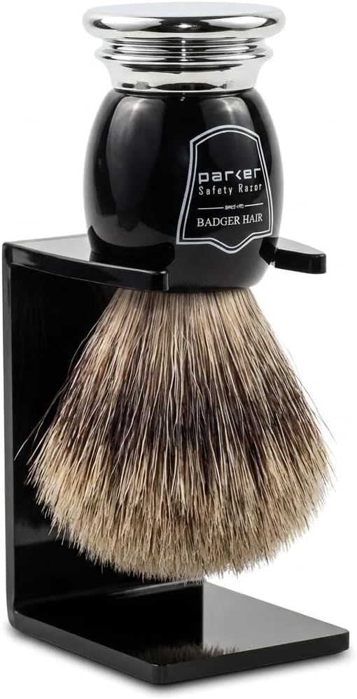 Parker Pure Badger Shaving Brush with Stand – Black & Chrome Handle, 22mm Knot | Rich Lather for Soap & Cream | Handcrafted Wet Shaving Brush for Men | Premium Grooming Tool