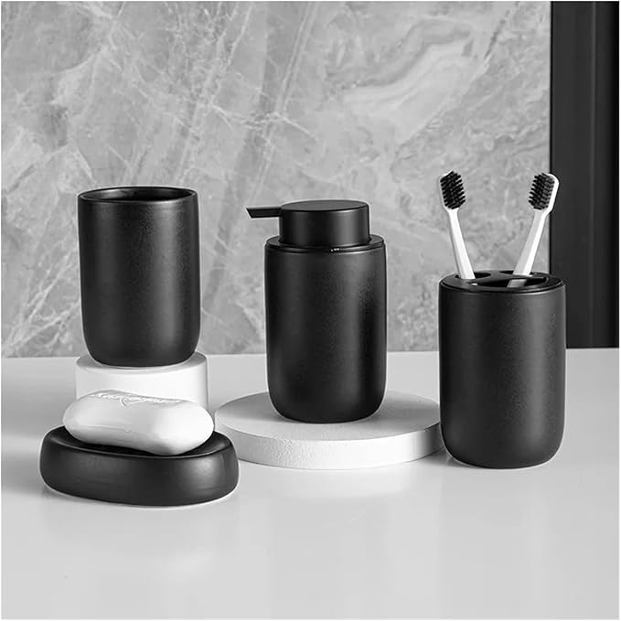 4pcs Modern Ceramic Bathroom Set Bath Lotion Bottle Press Hand Sanitizer Mouthwash Cup Toothbrush Holder Soap Dish(Gray)