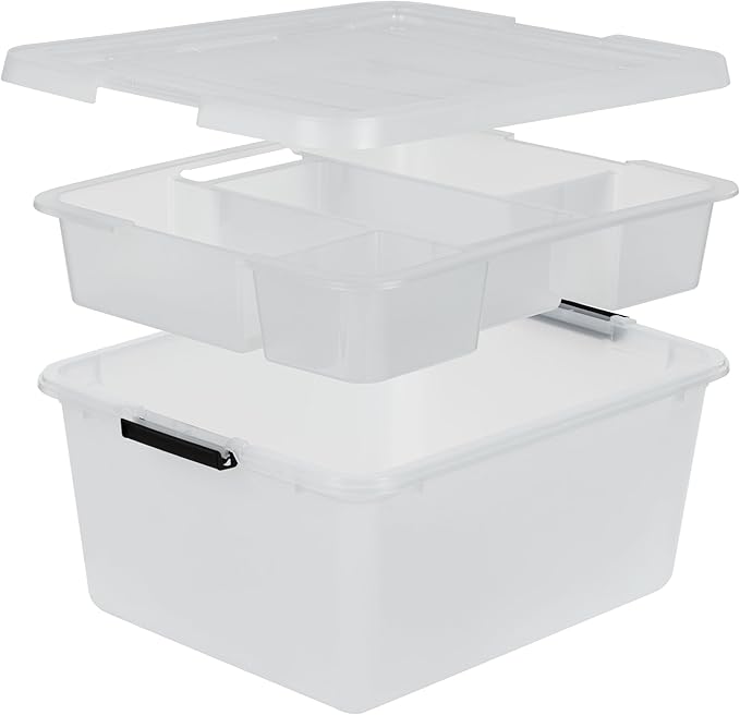 IRIS USA 18 QT Clear Storage Organizer with Removable Dividers, Stackable Plastic Storage Box with Lid, Modular Container for Crafts, Tools, Office & Pantry Organization