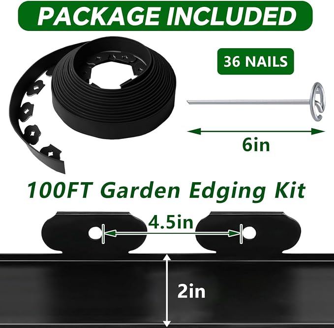Garden Edging Border,100 Foot Lawn Edging Kit with 90 PCS Metal Spikes,2 Inch Tall Landscape Edging Roll for Garden,Lawn,Flower Beds,Grass,Yard(Black)