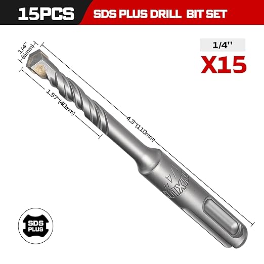 GEINXURN 15 PCS 1/4" x 4" Double Thread Rotary Hammer Drill Bits, Masonry Drill Bits Tool Set Carbide Tipped, Drilling in Brick, Stone and Concrete, Cement Walls