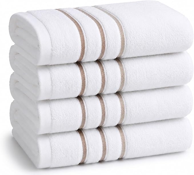 Bath Towels Set for Bathroom – Luxury 6-Piece Cotton Towels, Soft Absorbent & Quick Dry, 600 GSM Bath Towels for Bathroom, Hotel Spa Quality (White/Taupe, 4-Hand Towel Set)