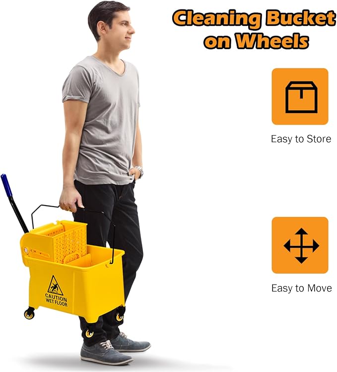 ARLIME Commercial Mop Bucket with Wringer, 21 Quart Capacity Portable Wringer Trolley, Side Press Floor Cleaning Wavebrake w/Handle, Small Mop Bucket on Wheels for Home, Industrial, Yellow | Portable Wringer Trolley, Side Press Floor Cleaning Wavebrake...
