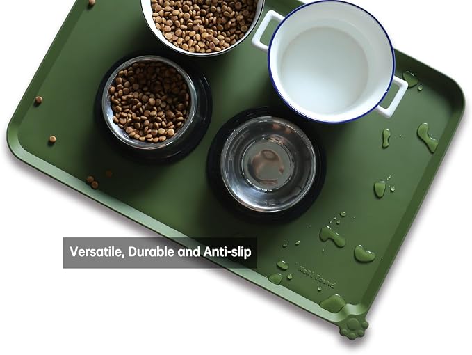 Hoki Found Large Silicone Non Slip Dog Cat Feeding Mats - Waterproof Tray Placemat for Carpet - Dark Olive