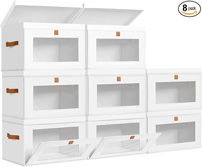 DIMJ Storage Bins with Lids - 8 Pack Large Fabric Closet Organizer with Window & Handles, Collapsible Decorative Storage Boxes for Shelves Under Bed, Books Clothes Blankets Sweaters Organization