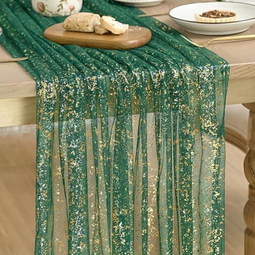 Artoid Mode Green Gold Gauze Table Runner 59x120 Inch 10FT, Glitter Metallic Foil Sheer Dining Wedding Anniversary Holiday Table Decor for Home Party