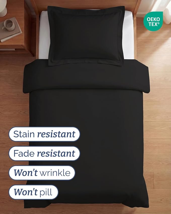 Duvet Cover Twin/Twin XL Size Set - Extra Soft Twin/Twin XL Duvet Cover 68" x 90" with 1 Pillow Sham for Women, Men, Kids & Teens - Comfy, Easy-Care & Fade Free with Zipper Closures and Ties (Black)