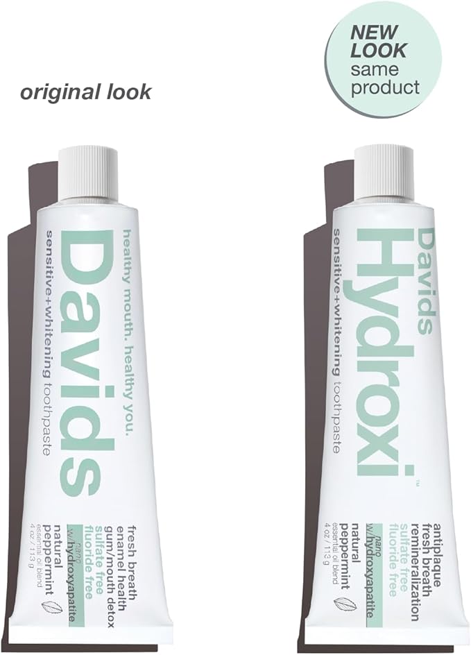 Davids Nano Hydroxyapatite Toothpaste Sensitive + Whitening Peppermint 4oz | Fluoride Free | Remineralizing | Enamel Health | Antiplaque | SLS Free | Made in USA | Recyclable Metal Tube | EWG Verified