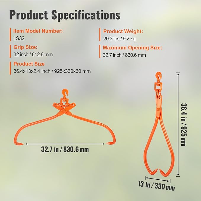VEVOR Heavy Duty Rotating Steel Lumber Skidding Tongs, 32 inch 2 Claw Log Lifting Tongs, 1543 lbs/700 kg Loading Capacity