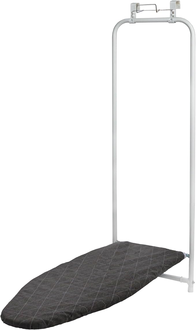 Household Essentials Over The Door Ironing Board, Space Saving Fold Down Ironing Board for Small Spaces, Apartments & Laundry Rooms – Compact Hanging with Easy Pull-Down Design, White & Black