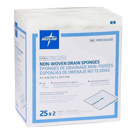 Medline Non-Woven Sterile Drain Sponges, 4"x4", 6-ply (Case Of 600)