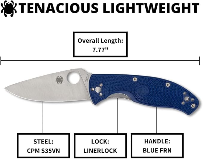 Spyderco Tenacious Lightweight Folding Pocket Knife, PlainEdge | 7.77" Overall Length, 3.9" CPM S35VN Steel Blade, Blue, FRN Handle, LinerLock, Full-Flat Grind