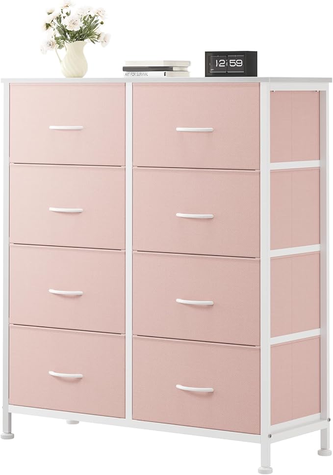 OLIXIS 8 Drawer Storage Dresser with Wood Top - Wide Fabric Chest Organizer for Bedroom, Closet, Living Room,Tower Cabinet, TV Stand, Hallway Entryway Furniture,Pink