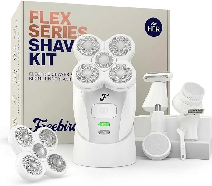 Freebird FlexSeries Electric Razor for Women - Silk Smooth Legs, Body Hair, & Pubic Shaver - for Private Area, Sensitive Skin, Bikini Trimmer (Shaver Kit + Replacement Blade + Charging Dock)