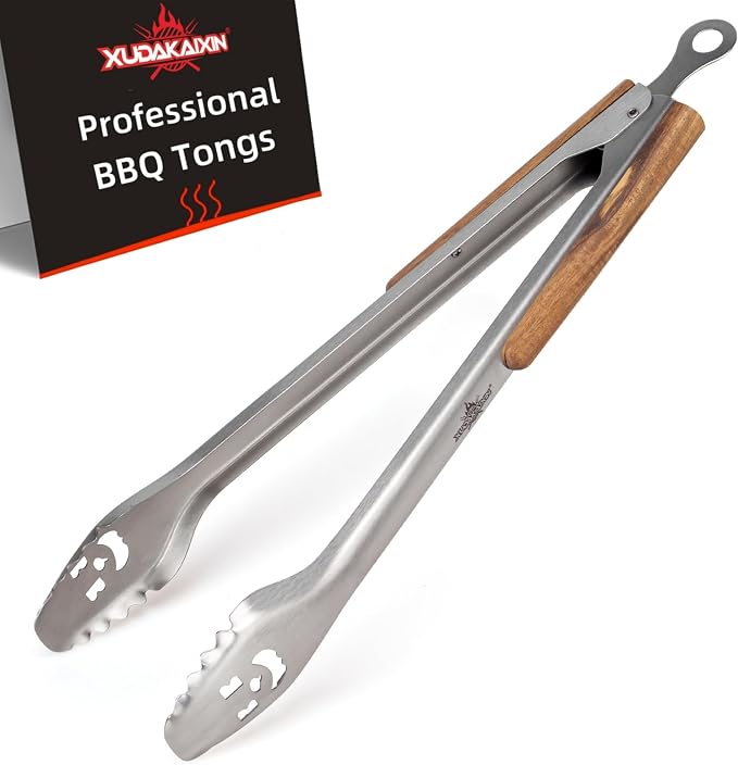XUDAKAIXIN 18-Inch Long Stainless Steel BBQ Tongs with Extended Luxurious Acacia Handle – Durable and Easy-to-Clean Grilling Tool for Cooking, Kitchen Use, and Outdoor Barbecues