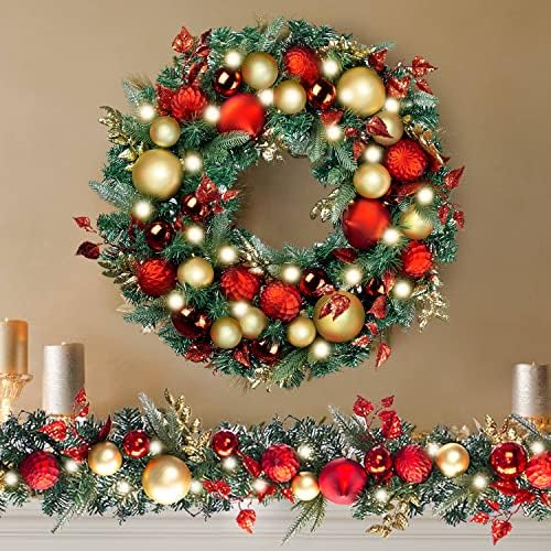 WANNA-CUL Pre-Lit 9ft Christmas Garland with Lights 50 LED Red Gold Baubles