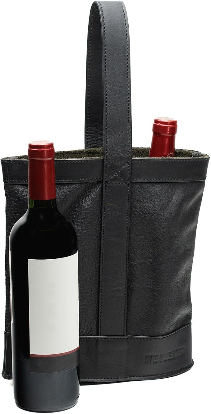 Double Wine Carrier Bag – Leather Wine Tote for Two Bottles with Handle – Protective Carrier for Picnic, Wine Champagne Gift Bag (Black)
