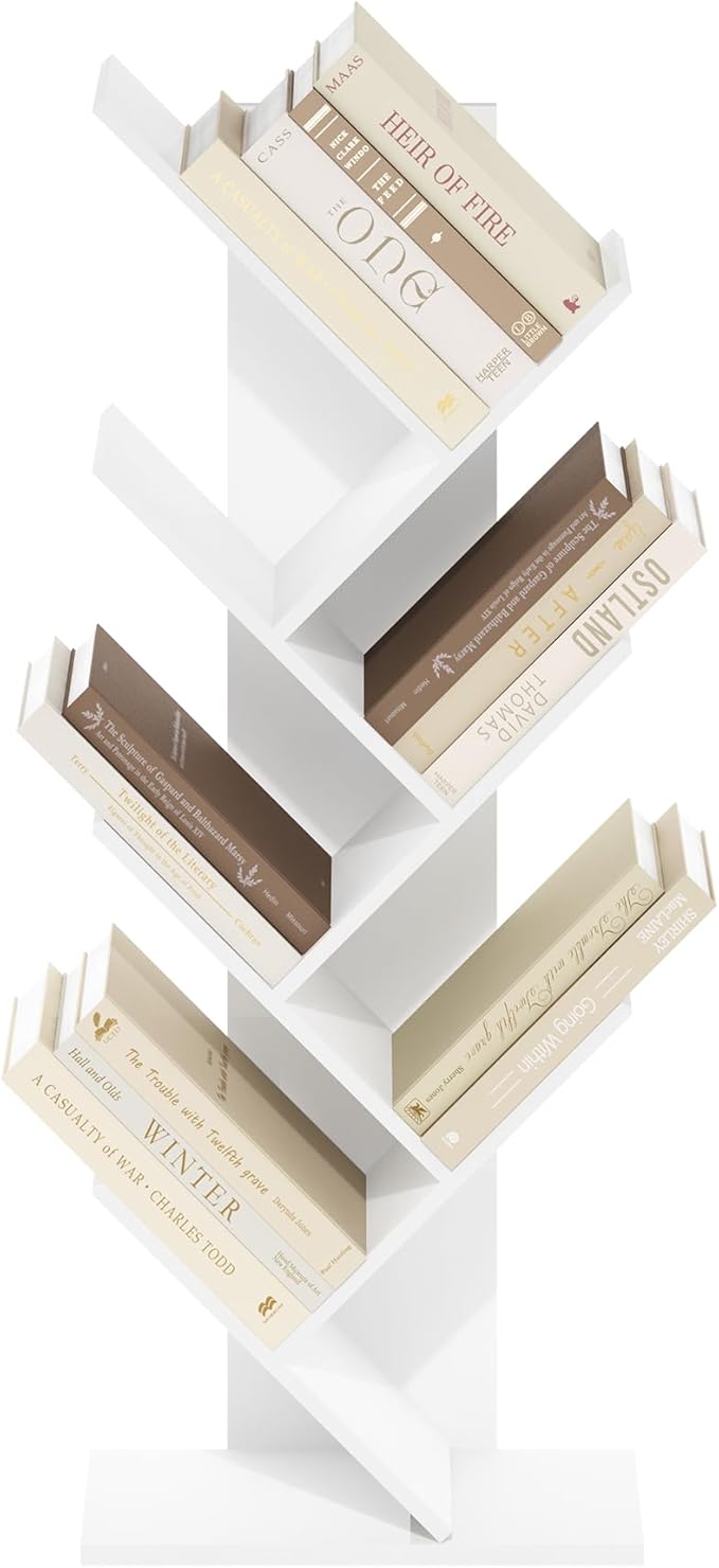 Furinno Tree Book Shelf, 7-Tier Bookshelf with Angled Open Shelf, Tree Bookcase for Room Decor, 8.4 x 15.7 x 39.4, for Organization and Storage, for Living Room, Bedroom, Home Office, White