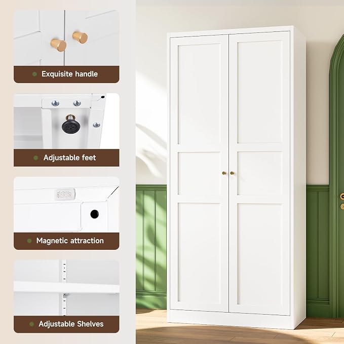 White Storage Cabinet with Adjustable Shelves-Metal Home Kitchen Pantry Cabinets with Doors,Organization Locker for Cupboard/Bedroom/Dining/Living/Bathroom/Office/Garage Room