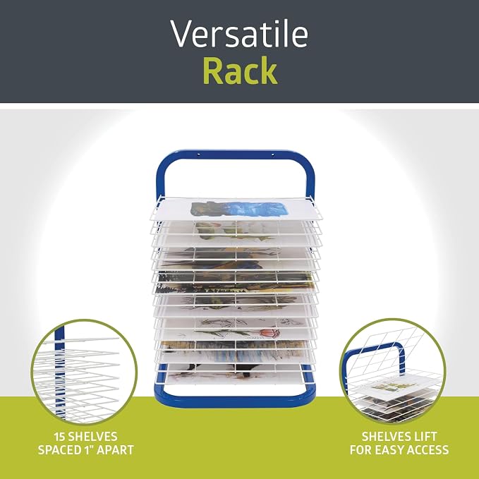 Pearington Tabletop or Wall Mount 15-Shelf Art Drying Rack, Heavy-Duty Steel Space-Saving Art Rack for Classrooms and Art Studios, Blue