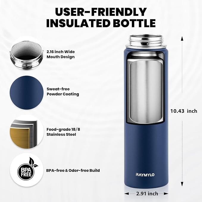 RAYMYLO Insulated Water Bottle 24 oz, Triple Wall Vacuum Stainless Steel (Cold for 24Hrs, Hot for 12Hrs), Leak Proof & Non-BPA, Modern Water Flask Jug with Paracord Handle & Straw Spout Lids