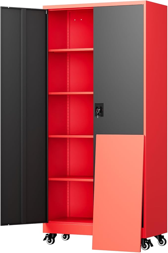 Metal Garage Storage Cabinet with Locking Doors and Adjustable Shelves,- 75" Rolling Steel Tool Cabinet for Home Office,Garage,Warehouse