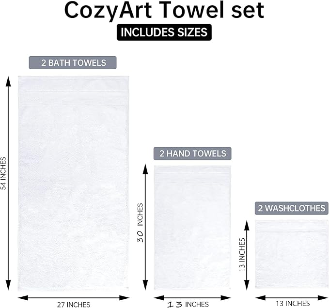 COZYART Luxury Bath Towel Set 3 PCS, White 100% Turkish Cotton 650 GSM | OEKO-Tex 100 Certified Zero Twist Ring Spun, Soft Absorbent Quick Dry, Plush Fluffy, Breathable Hotel Quality for Daily Use