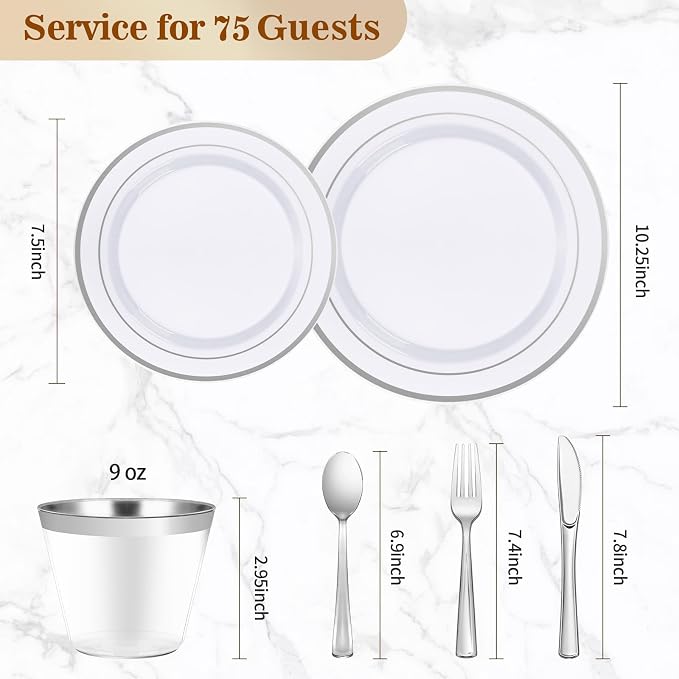 BESTVIP 450PCS Plastic Dinnerware Set (75 Guests), Silver Disposable Plates for Party, Wedding, Christmas, Anniversary, Includes: Dinner Plates, Dessert Plates, Cups, Spoons, Forks and Knives